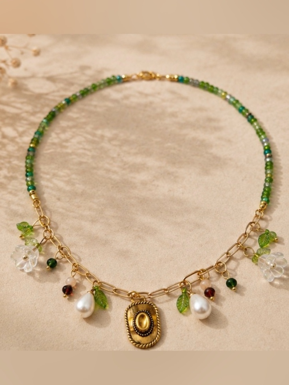 Gold plated Necklace with Beads, Pearl Drops, Leaves, Glass Lilies, Cowboy Hat